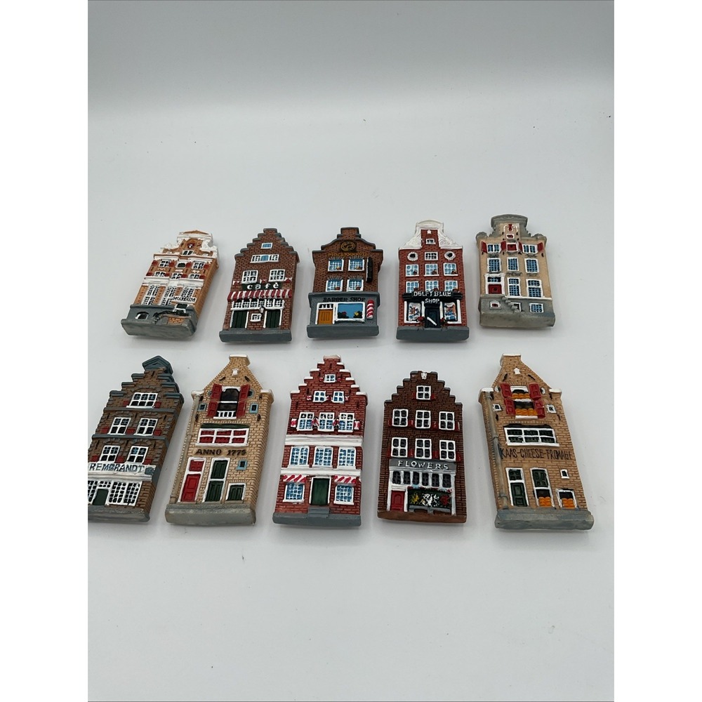 3D Ceramic Dutch Canal House Fridge Magnet Set Multicolor Buildings Lot 10pc